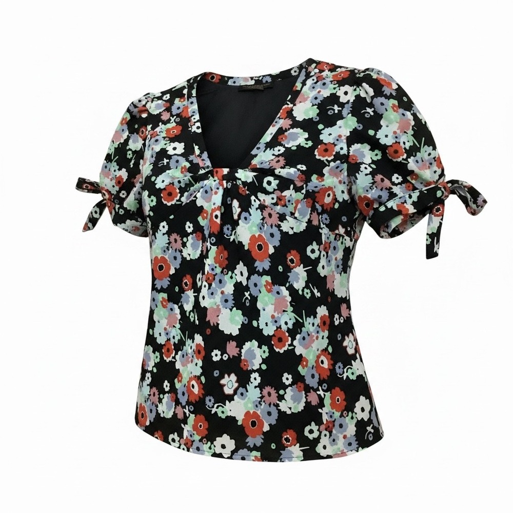 Chadwicks Collection Floral V-Neck Blouse Black Multi Tie Sleeve Top Size 14